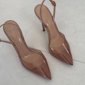 Gianvito Rossi Brown Patent Pointed-Toe Slingback Heels